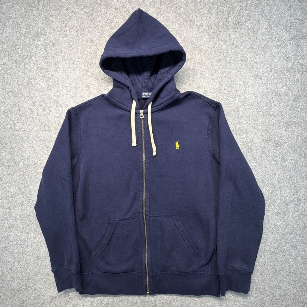 Polo‎ Ralph Lauren Thermal Zip Hoodie Mens Large Blue Waffle Hood Heavyweight